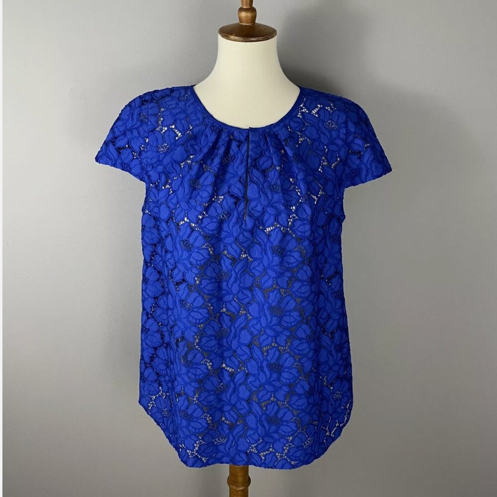 J.Crew Floral Lace Cap Sleeve Blouse Blue